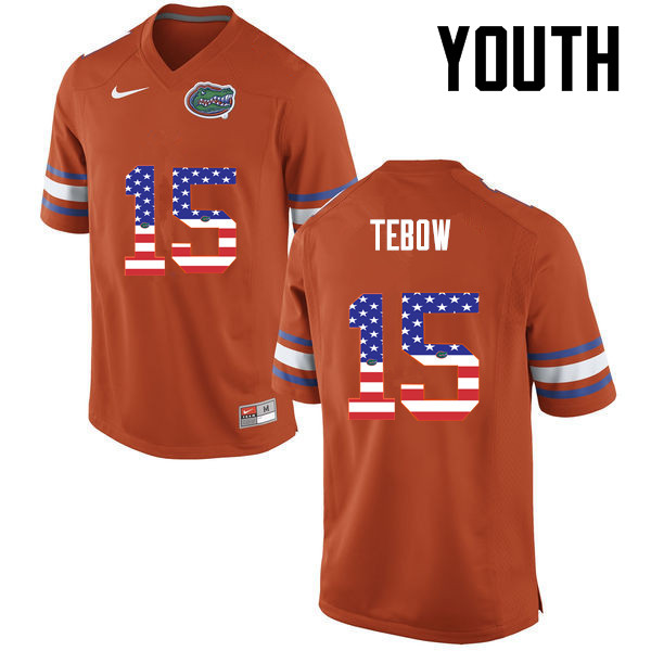 Youth Florida Gators #15 Tim Tebow College Football USA Flag Fashion Jerseys-Orange - Click Image to Close